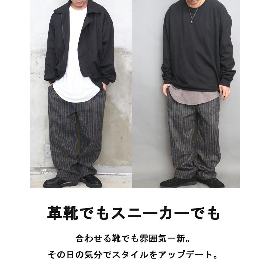 ストライプ柄ワイドパンツ メンズ ツイードパンツ ヘリンボーン柄