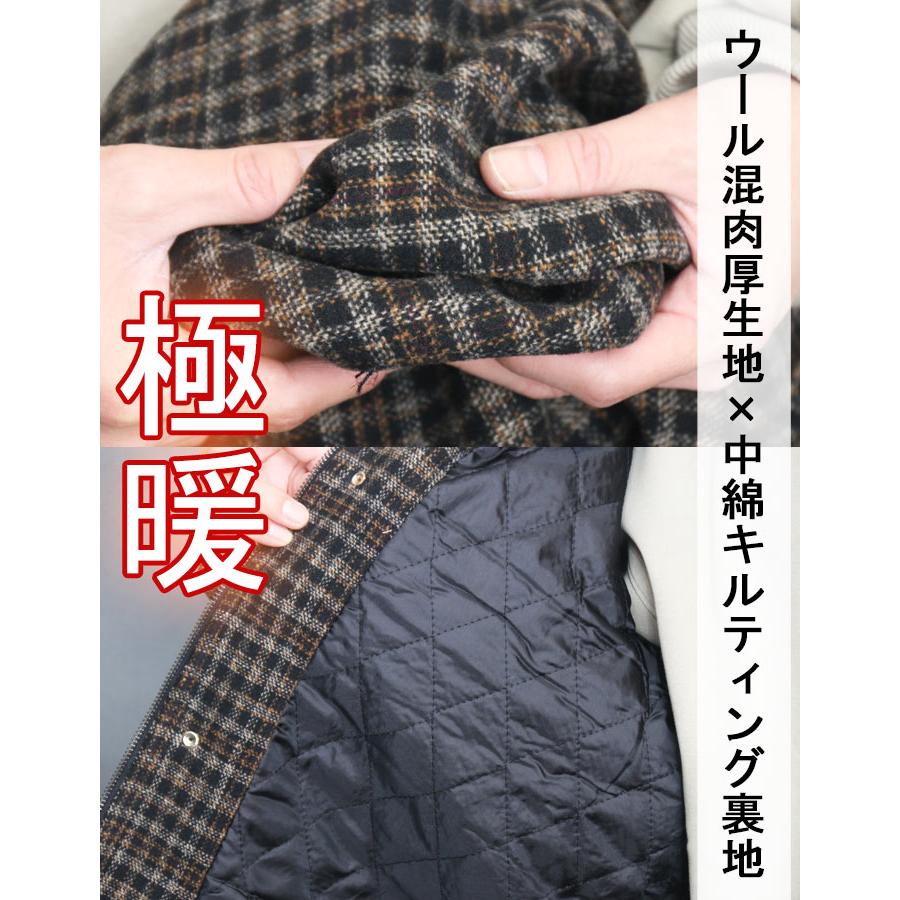 Snap-on ブラックジャケット チェック裏地 チェック柄ジャケット メンズ 中綿ジャケット 防寒ジャケット ウール混
