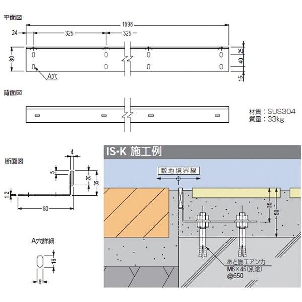 カネソウ　地先境界用　ステンレス製 タイル舗装用見切材 直線用 幅80mm×長さ1998mm×高さ35mm IS-K-35｜work-parts｜02