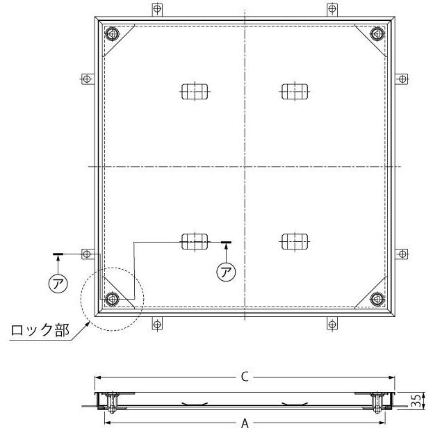 カネソウ　フロアーハッチ 歩行用/ MSXL-M 450 / ハンドル無 / モルタル充填用 / ステンレス製 / ボルト固定式（施錠タイプ） / 密閉形（防水・防臭形）_1