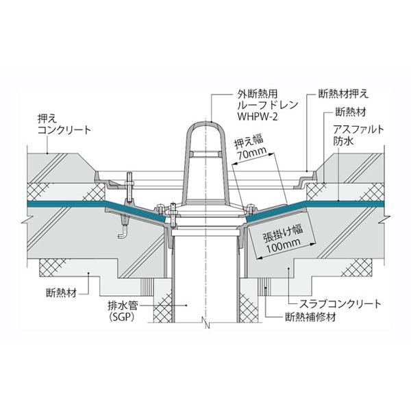 カネソウ / ルーフドレン/ WHPW-2 100mm (C寸法201〜500)  / 鋳鉄製 / たて引き用 / 打込型 / 外断熱用 / 防水層張掛け幅100mm｜work-parts｜03