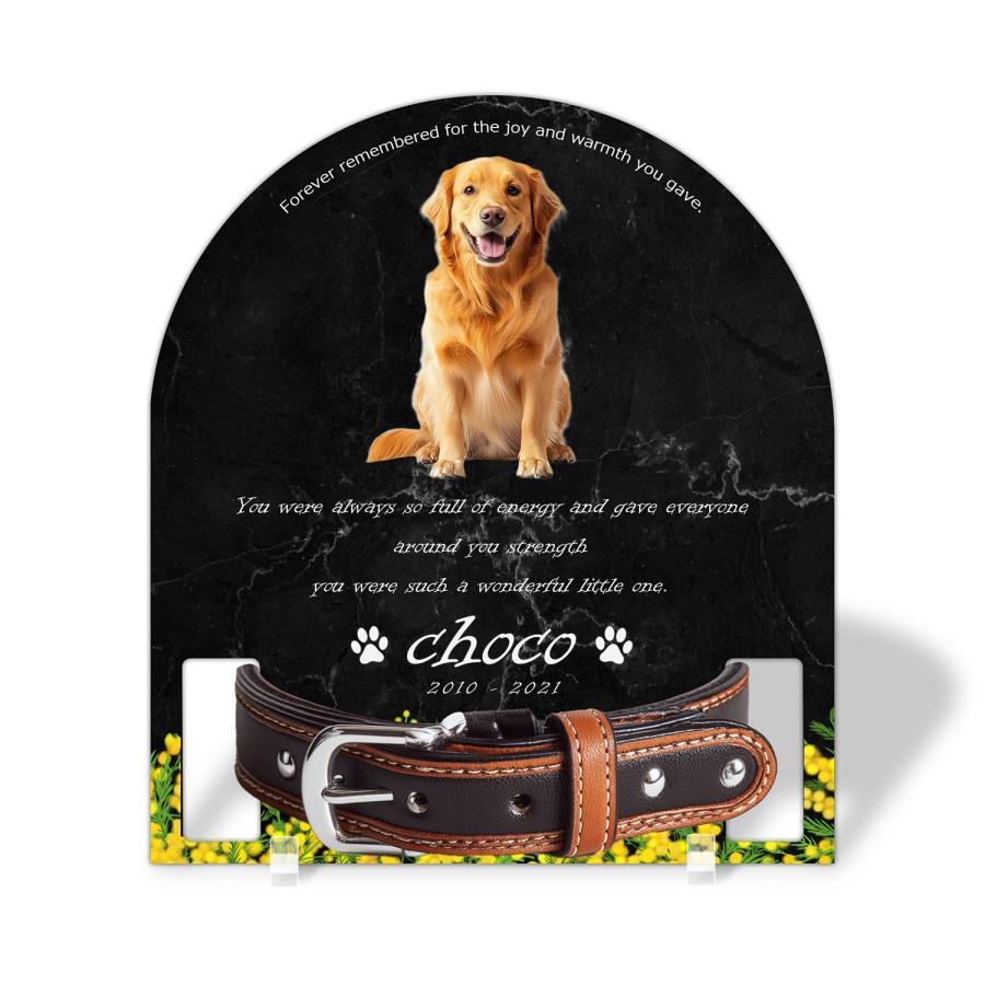【ペットメモリアル】ペット位牌 犬 猫 名入れ おしゃれアクリルプレート オーダーメイド 首輪タイプ (ミモザ, 大理石調ブラック・首輪大) | 