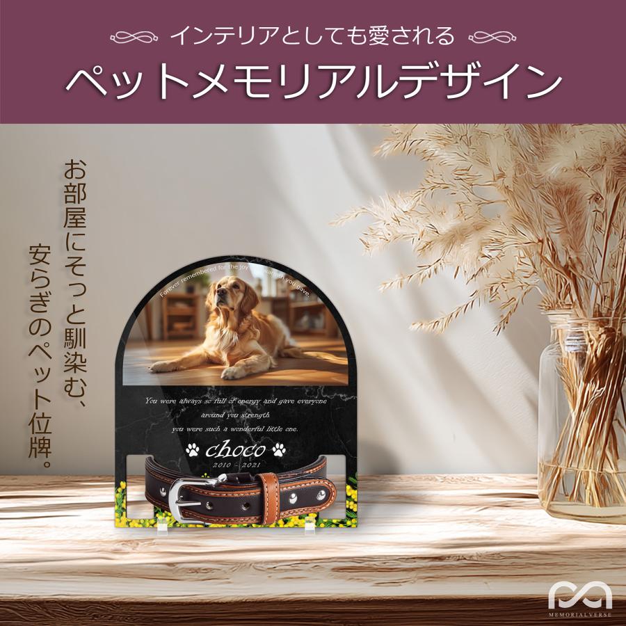 【ペットメモリアル】ペット位牌 犬 猫 名入れ おしゃれアクリルプレート オーダーメイド 首輪タイプ (ミモザ, 大理石調ブラック・首輪大) |  | 01