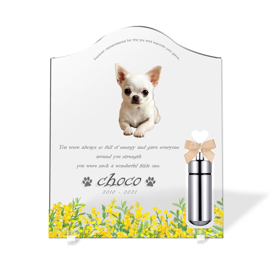 【ペットメモリアル】ペット位牌 犬 猫  名入れ おしゃれアクリルプレート オーダーメイド デザイナー仕上げ 日本製 メモリアルカプセル付  (ミモザ, クリア) | 