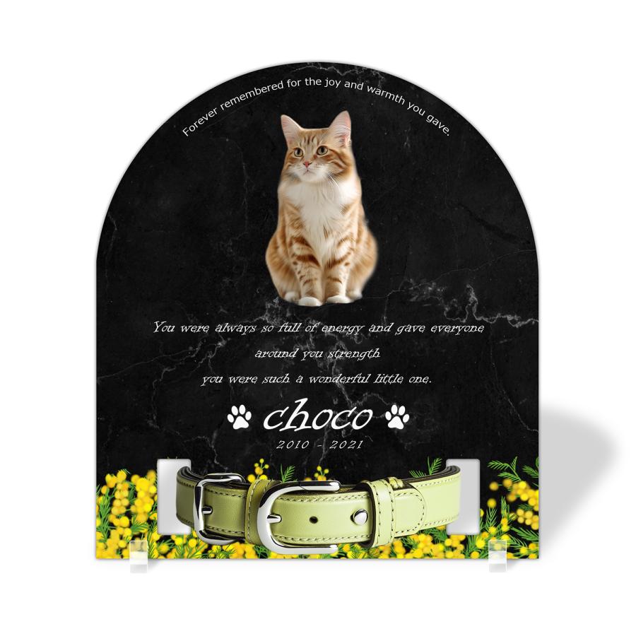 【ペットメモリアル】ペット位牌 犬 猫  名入れ おしゃれアクリルプレート オーダーメイド 首輪タイプ 日本製 (ミモザ, 大理石調ブラック・首輪小) | 