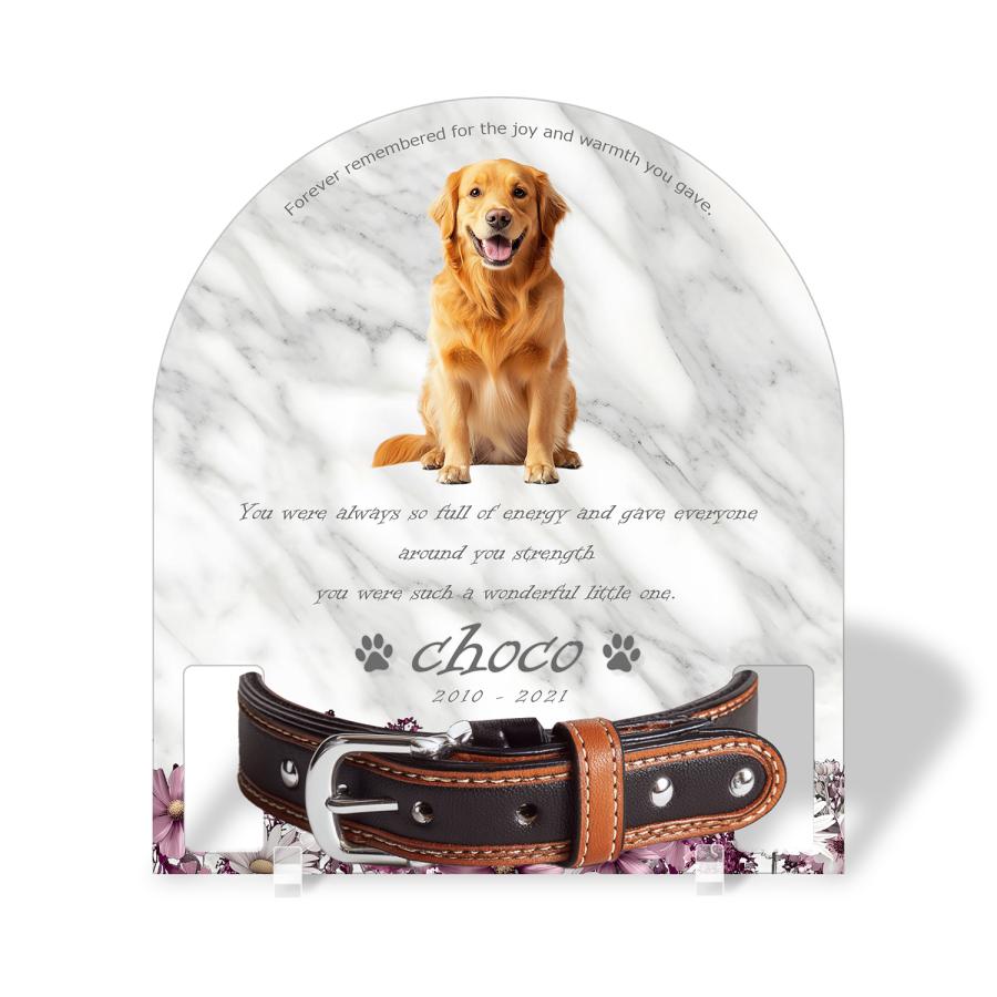 【ペットメモリアル】ペット位牌 犬 猫 名入れ おしゃれアクリルプレート オーダーメイド 首輪タイプ 日本製 (コスモス, 大理石調ホワイト・首輪大) | 