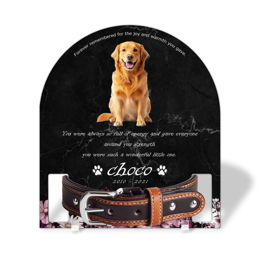 【ペットメモリアル】ペット位牌 犬 猫 名入れ おしゃれアクリルプレート オーダーメイド 首輪タイプ (コスモス, 大理石調ブラック・首輪大) | 