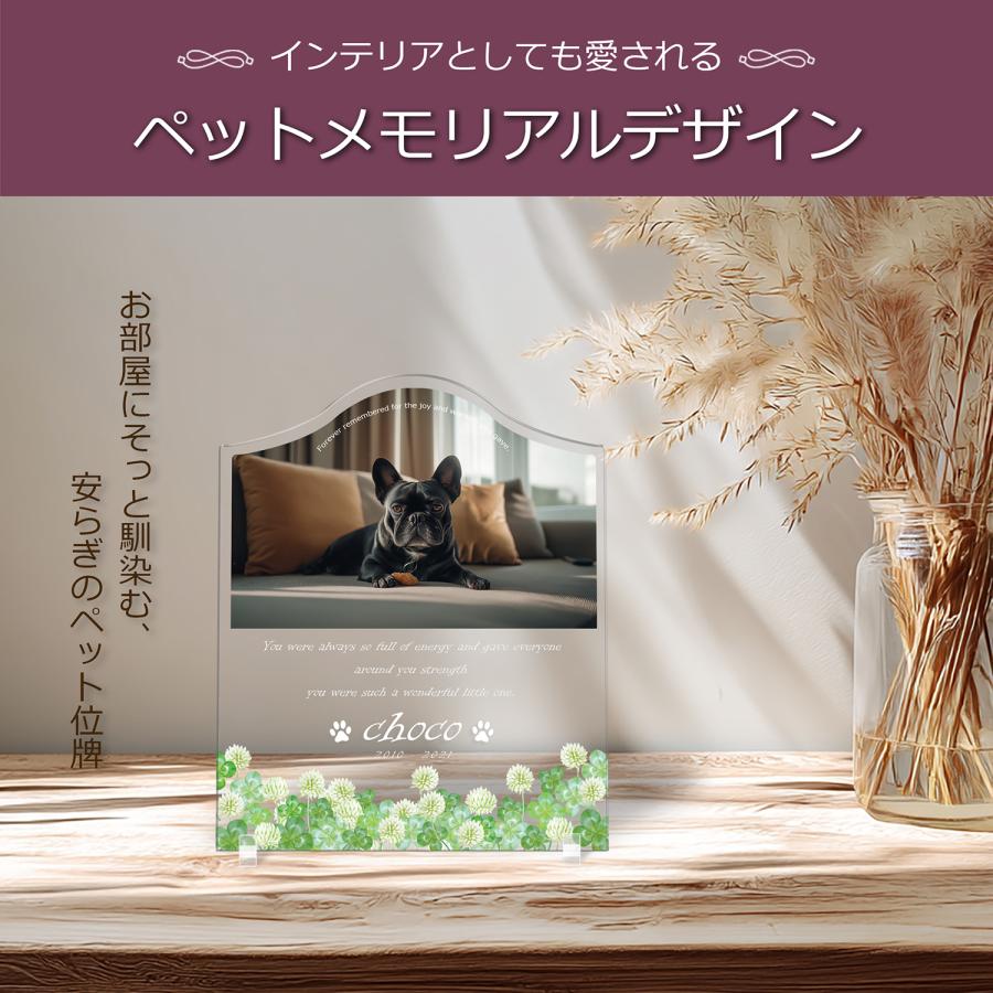 【ペットメモリアル】ペット位牌 犬 猫  名入れ おしゃれアクリルプレート オーダーメイド デザイナー仕上げ 日本製   (シロツメクサ, クリア) |  | 02