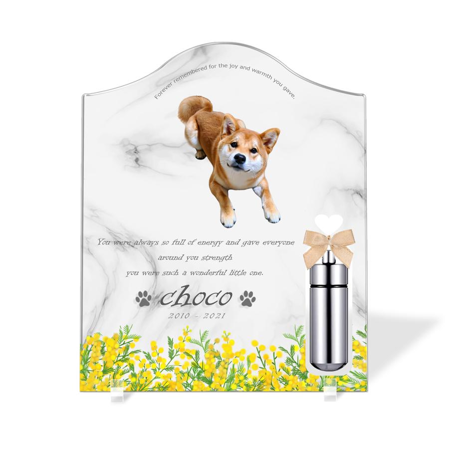 【ペットメモリアル】ペット位牌 犬 猫 名入れ おしゃれアクリルプレート オーダーメイド 日本製 メモリアルカプセル付 (ミモザ, 大理石調ホワイト) | 