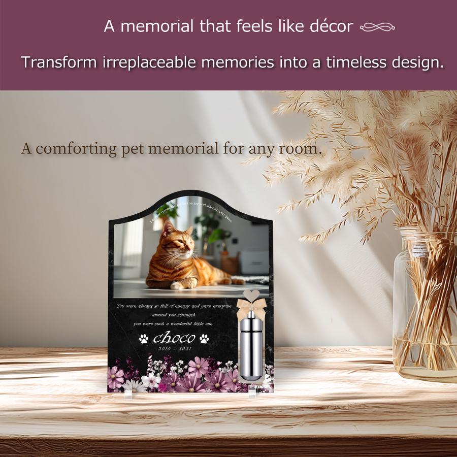 【ペットメモリアル】ペット位牌 犬 猫 名入れ おしゃれアクリルプレート オーダーメイド 日本製 メモリアルカプセル付 (コスモス, 大理石調ブラック) |  | 02