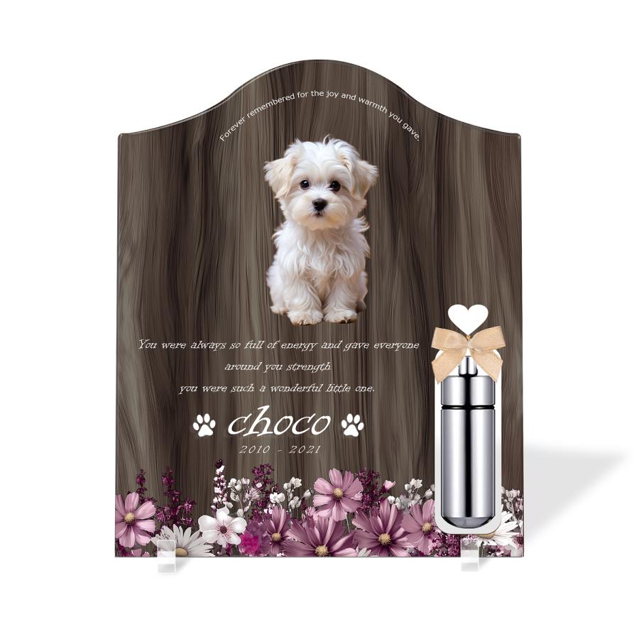 【ペットメモリアル】ペット位牌 犬 猫 名入れ おしゃれアクリルプレート オーダーメイド 日本製 メモリアルカプセル付 (コスモス, ウォルナット調) | 