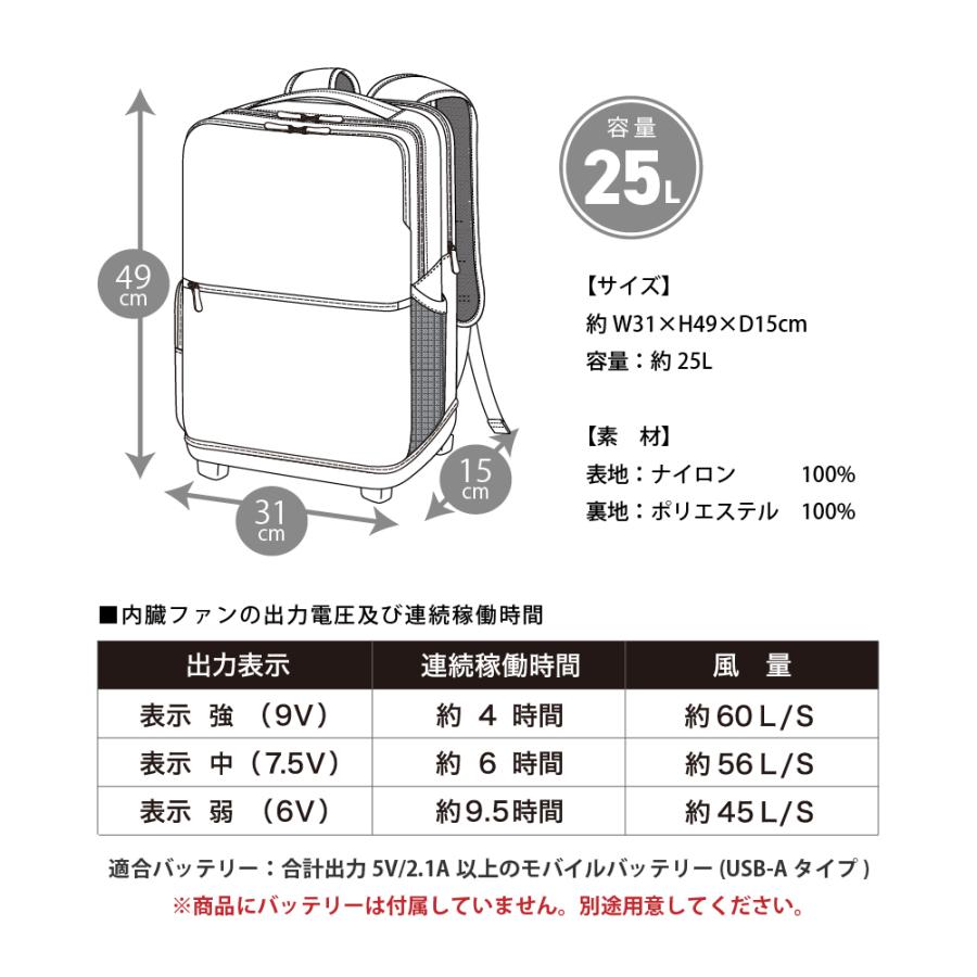 リュック ファン付き 空調ファン 暑さ対策 風量調節 背中 涼しい 夏 バックパック 風 通勤 通学 アウトドア レジャー 9150 クールエアーデイパック 25L | カジメイク | 11