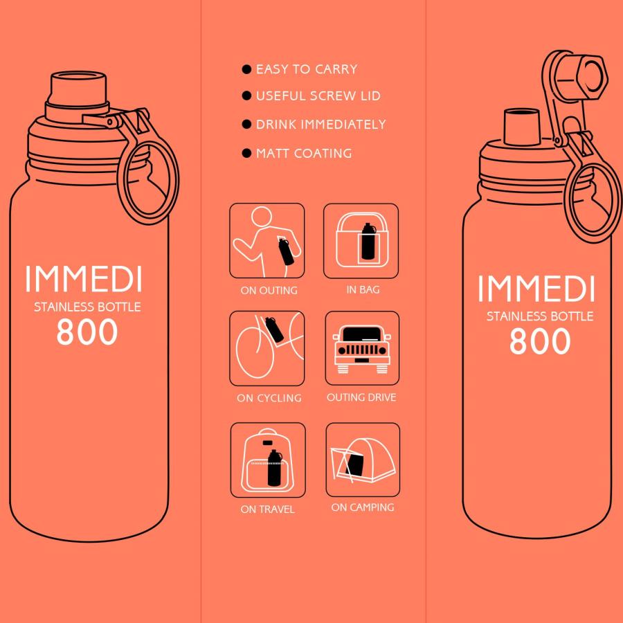 800ml ステンレスボトル オレンジ 保温 保冷 IMMEDI 氷が入れやすい 洗いやすい 保冷保温 水筒 広口 直飲み |  | 02