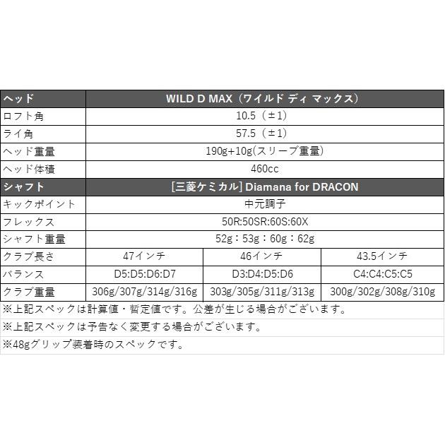 ゴルフ WORKSGOLF(ワークスゴルフ) SLE適合 WILD D MAX ワイルドディマックス ドライバー 三菱ケミカル Diamana for DRACON シャフトの画像