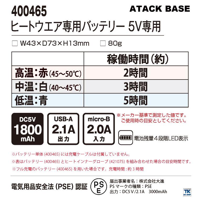 アタックベース バッテリー 単品 電熱ウェア 秋冬 小物 3000ｍAh 電熱ウェア専用バッテリー 作業着 大容量 高出力 コンパクト 防寒 (パーツ) at-400465 | アタックベース | 02