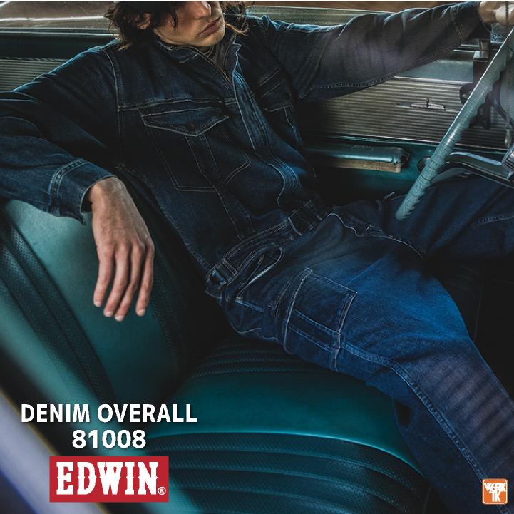 EDWIN 長袖デニムつなぎ服 ストレッチ バイオウォッシュ加工