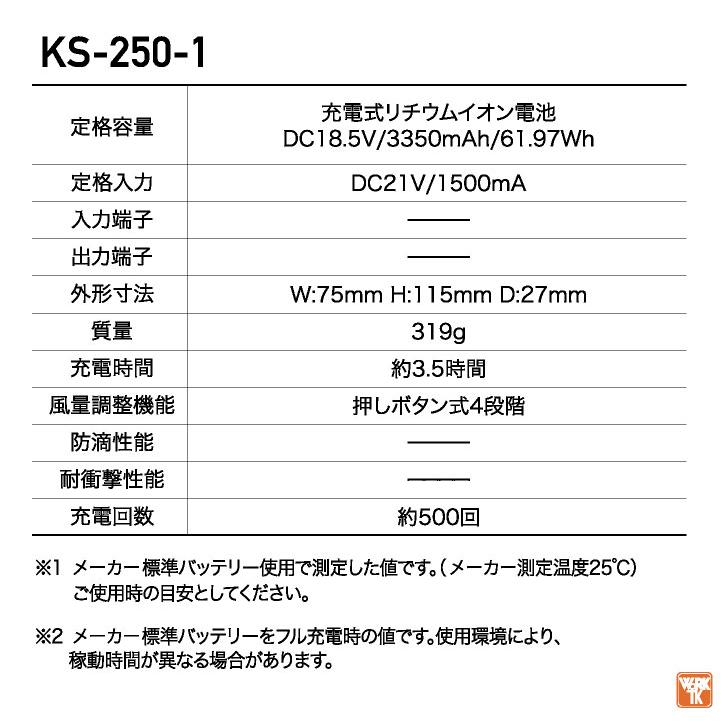 (2025年新作) クロダルマ KS-250-1 カラーファンバッテリーフルセット 最大20V 空調作業服 空調ウェア 電動ファン 暑さ対策 涼しい (即日出荷) kd-fanbt3 |  | 05