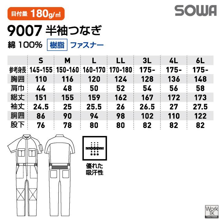 SOWA 綿100% つなぎ 半袖 吸収速乾 春夏 オーバーオール 作業服 作業着 酪農 農業 工場 板金 塗装 バイク 自動車整備士 運送業 メンズ レディース 桑和 sw-9007 |  | 08