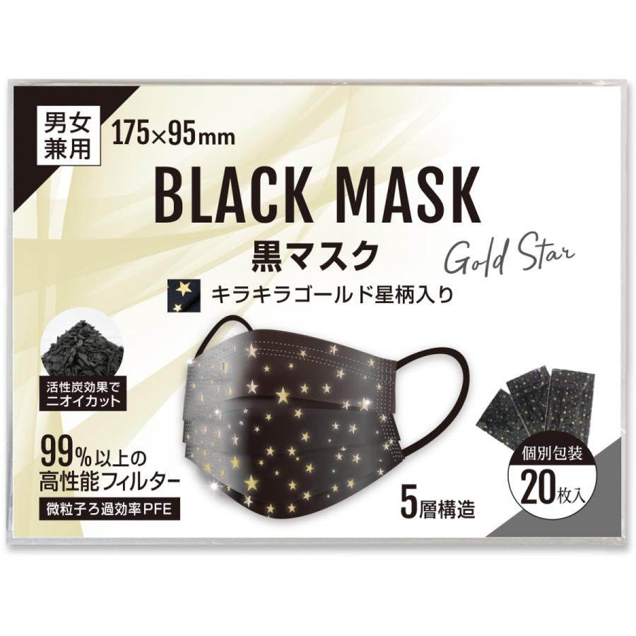 No.110 オーダーマスク　星　スター　黒　ハンドメイド　おまとめ割 星柄 黒マスク キラキラ金(ゴールド) 5層 不織布マスク おしゃれマスク