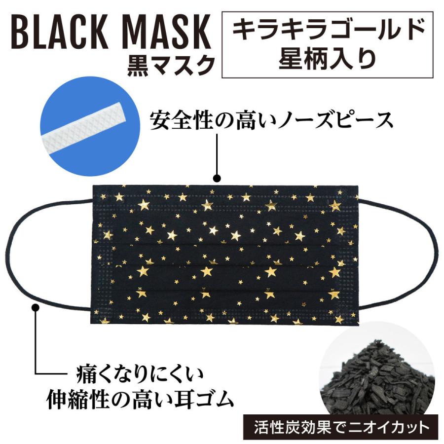 星柄 黒マスク キラキラ金(ゴールド) 5層 不織布マスク おしゃれマスク