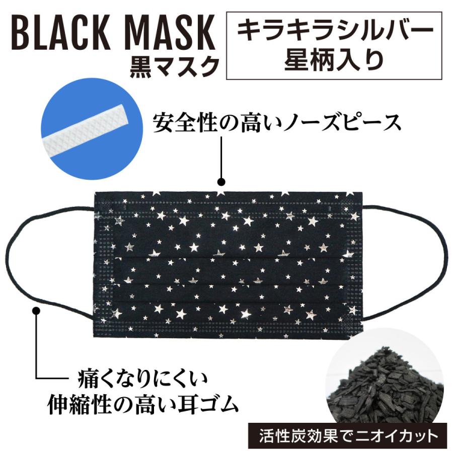 No.110 オーダーマスク　星　スター　黒　ハンドメイド　おまとめ割 星柄 黒マスク キラキラ銀(シルバー) 5層 不織布マスク おしゃれマスク