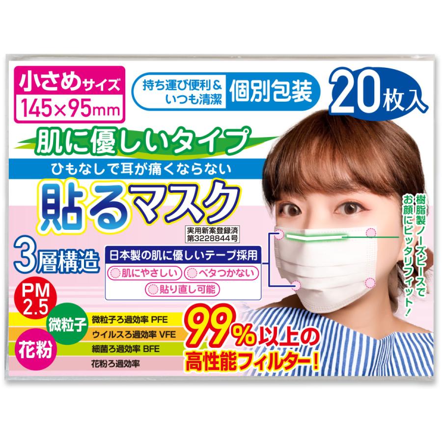 小さめ貼るマスク ひもなしで耳が痛くならない 貼りなおしOK PFE99％以上 不織布マスク 20枚入｜workupstore｜02