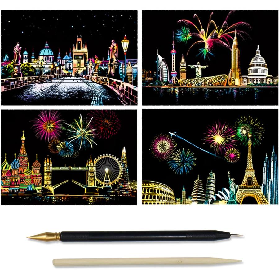 きらきらぷんぷん丸 スクラッチアート 4枚入り 竹ペン セット 小さめA5