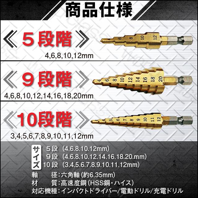 ステップドリル タケノコドリル チタンコーティング 六角軸 3本セット