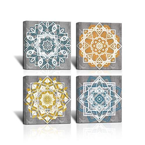 Lovehouse 4パネル 花の絵 曼荼羅 壁アート 寝室用 絵 ボーホーフラワーパターン