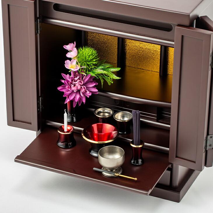 モダンミニ仏壇 コンパクト 木製 上置仏壇 折れ戸 仏具棚 引き出し付き