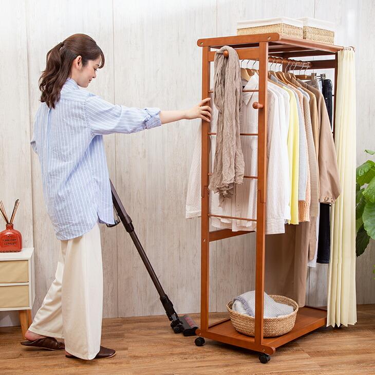 天然木カーテン付きシングルハンガー 90cm幅 カーテン付きハンガー