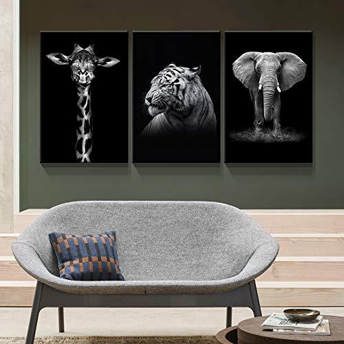 22最新作 Denozer 3パネル白黒動物キャンバスウォールアート キリンタイガーと象の絵 キャンバスプリント 壁装飾 リビングルーム用 すぐに掛けられ その他周辺機器 Klcallgirl Net