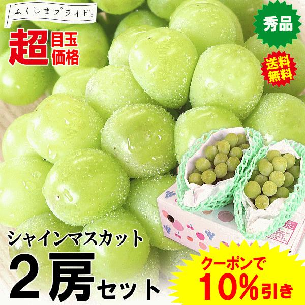 クーポンで3630円！超目玉価格 福島産 シャインマスカット 2房セット 種なし ぶどう 計800g以上！秀品 送料無料 | 
