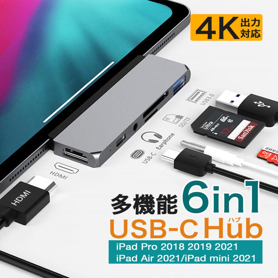 iPad USB 拡張 USBハブ TypeC iPadでUSBを使う 6in1 HUB Pro Air4 Air5 4K HDMI 60W