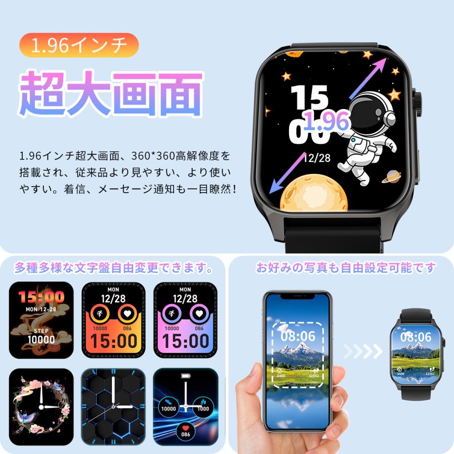 スマートウォッチ 血糖値測定 通話機能 1.96インチ画面 健康管理 血圧 心拍数 血中酸素 皮膚温変 検知 着信通知 運動モード 睡眠検測 プレゼント 母の日｜world2100｜04