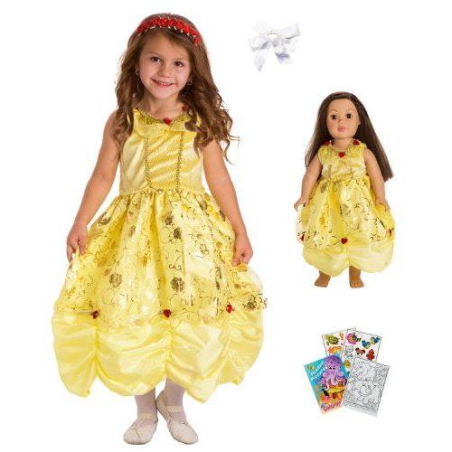 Little Adventure Yellow Beauty Princess Dress Size 3-5 w/Doll Dress and Hair Bow ドール 人形 フィの画像