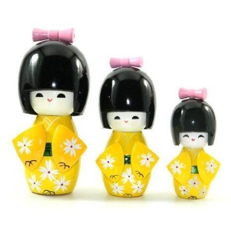 Set X3 Yellow Beautiful Hand Painted Oriental Japanese Kimono Geisha Kokeshi Doll MY-2299 ドール