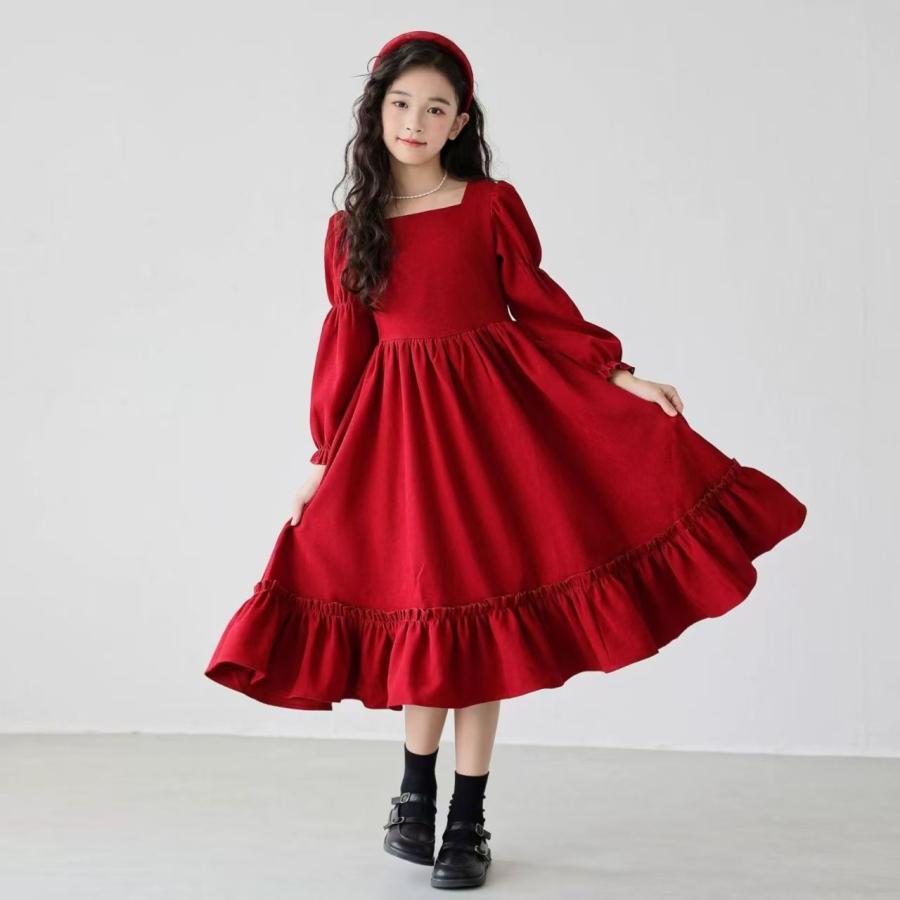 ドレスワンピース キッズ 子供服 ロングワンピース 赤ワンピース 赤