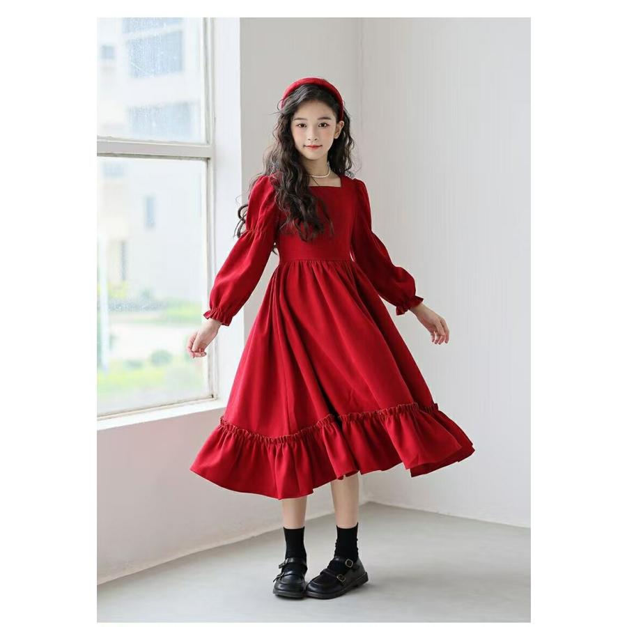 ドレスワンピース キッズ 子供服 ロングワンピース 赤ワンピース 赤
