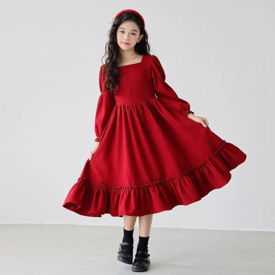 ドレスワンピース キッズ 子供服 ロングワンピース 赤ワンピース 赤