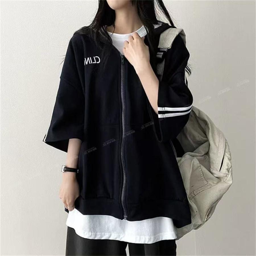 パーカー レディース 半袖 ジップアップ レディース夏服 ライン ジップアップ 半袖パーカー アウター フード付き ジップアップパーカー LCHA006(3色M-3XL) |  | 01