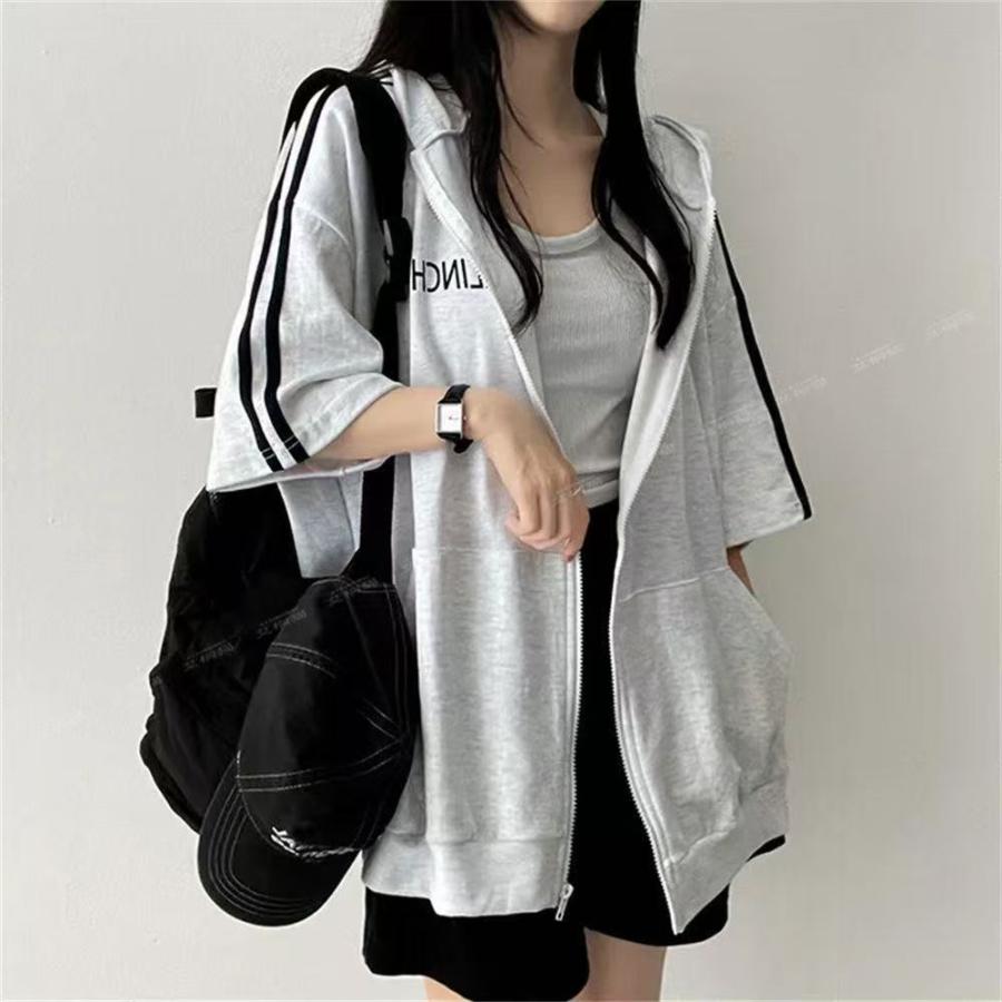 パーカー レディース 半袖 ジップアップ レディース夏服 ライン ジップアップ 半袖パーカー アウター フード付き ジップアップパーカー LCHA006(3色M-3XL) |  | 02