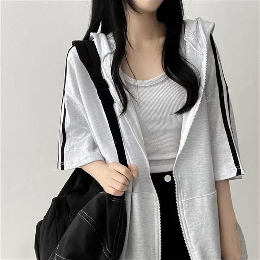 パーカー レディース 半袖 ジップアップ レディース夏服 ライン ジップアップ 半袖パーカー アウター フード付き ジップアップパーカー LCHA006(3色M-3XL) |  | 03