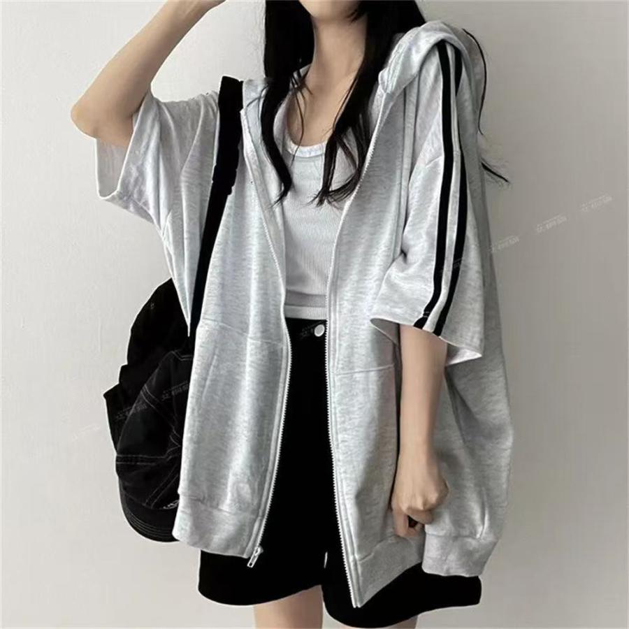 パーカー レディース 半袖 ジップアップ レディース夏服 ライン ジップアップ 半袖パーカー アウター フード付き ジップアップパーカー LCHA006(3色M-3XL) |  | 04