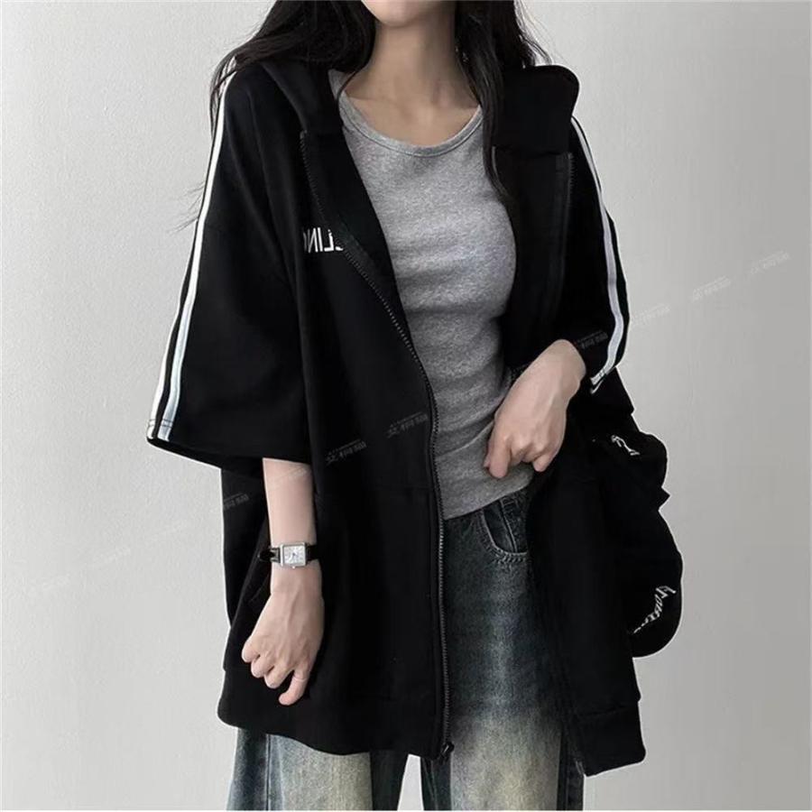 パーカー レディース 半袖 ジップアップ レディース夏服 ライン ジップアップ 半袖パーカー アウター フード付き ジップアップパーカー LCHA006(3色M-3XL) |  | 06
