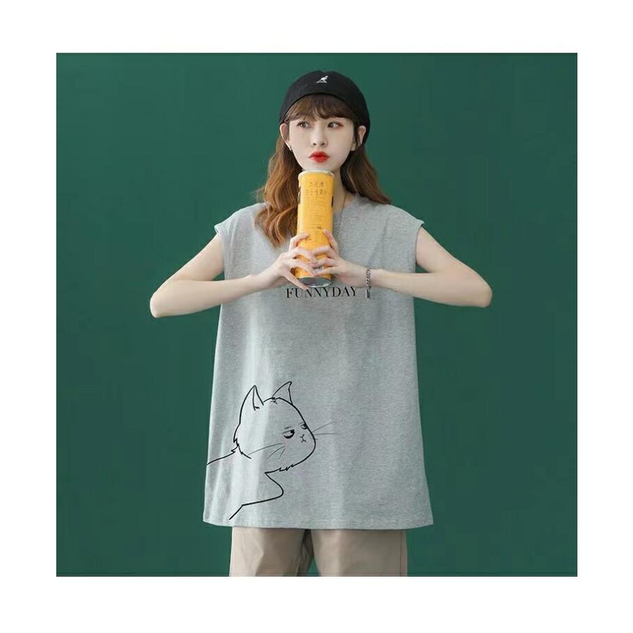 tシャツ レディース ノースリーブ トップス 猫柄 丸首 カットソー 薄手 夏服 ビッグシルエット ゆるカットソー 大きめ ゆったり 体型カバー LUFA134(3色M-3XL) |  | 02