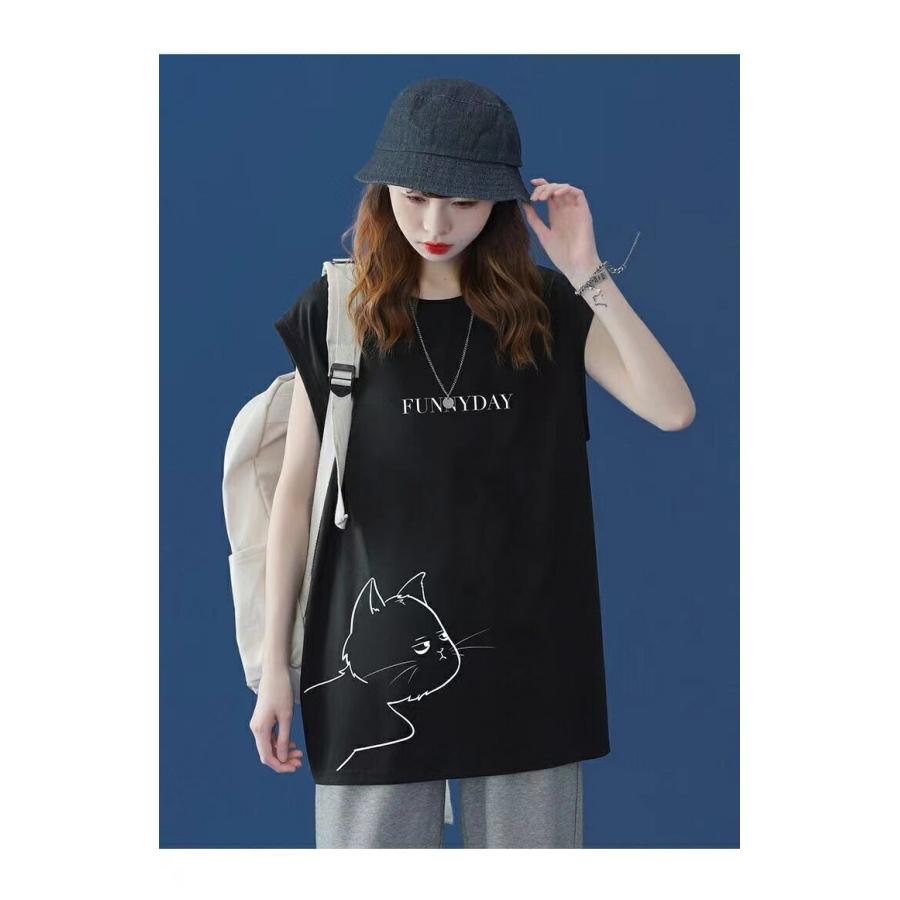 tシャツ レディース ノースリーブ トップス 猫柄 丸首 カットソー 薄手 夏服 ビッグシルエット ゆるカットソー 大きめ ゆったり 体型カバー LUFA134(3色M-3XL) |  | 04