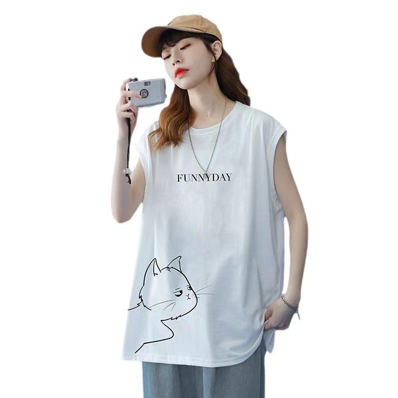 tシャツ レディース ノースリーブ トップス 猫柄 丸首 カットソー 薄手 夏服 ビッグシルエット ゆるカットソー 大きめ ゆったり 体型カバー LUFA134(3色M-3XL) |  | 05