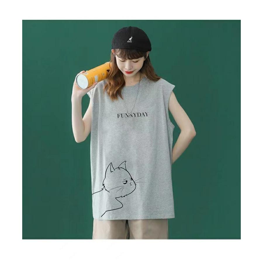 tシャツ レディース ノースリーブ トップス 猫柄 丸首 カットソー 薄手 夏服 ビッグシルエット ゆるカットソー 大きめ ゆったり 体型カバー LUFA134(3色M-3XL) |  | 06