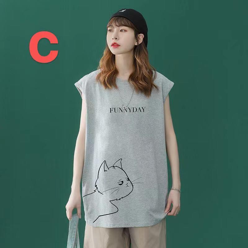 tシャツ レディース ノースリーブ トップス 猫柄 丸首 カットソー 薄手 夏服 ビッグシルエット ゆるカットソー 大きめ ゆったり 体型カバー LUFA134(3色M-3XL) |  | 09